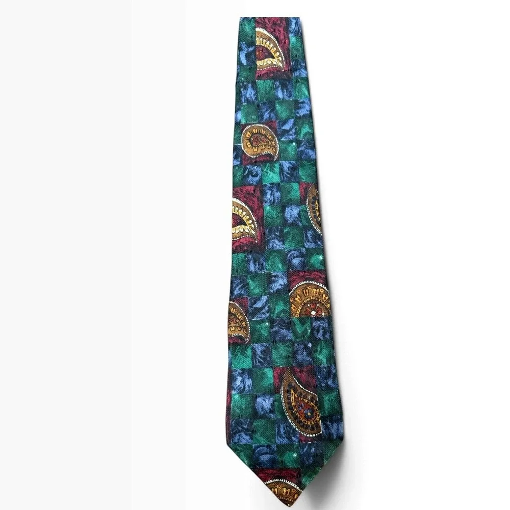 Ermenegildo Zegna Silk Tie Green Blue Paisley Checkered Made Italy Wide Lawyer